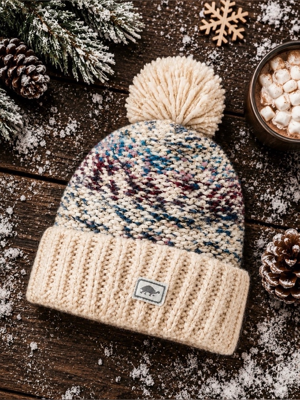 Turtle Fur Chunky Knit Pom Beanie | Cozy Winter Speckled Hat Cream Blue Pink
